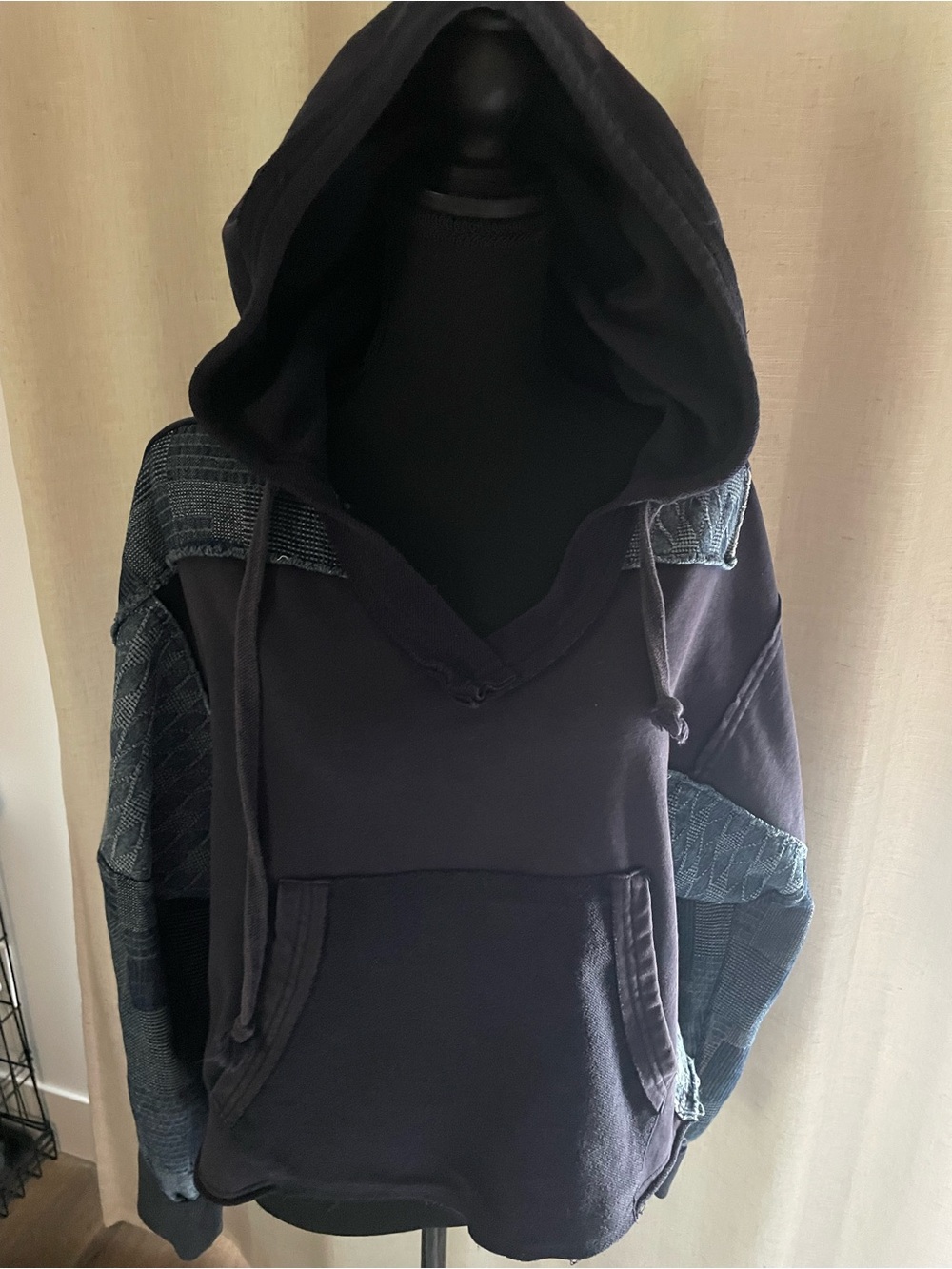 Women’s  Hooded Pullover Sweater in Dark Navy with Patch work